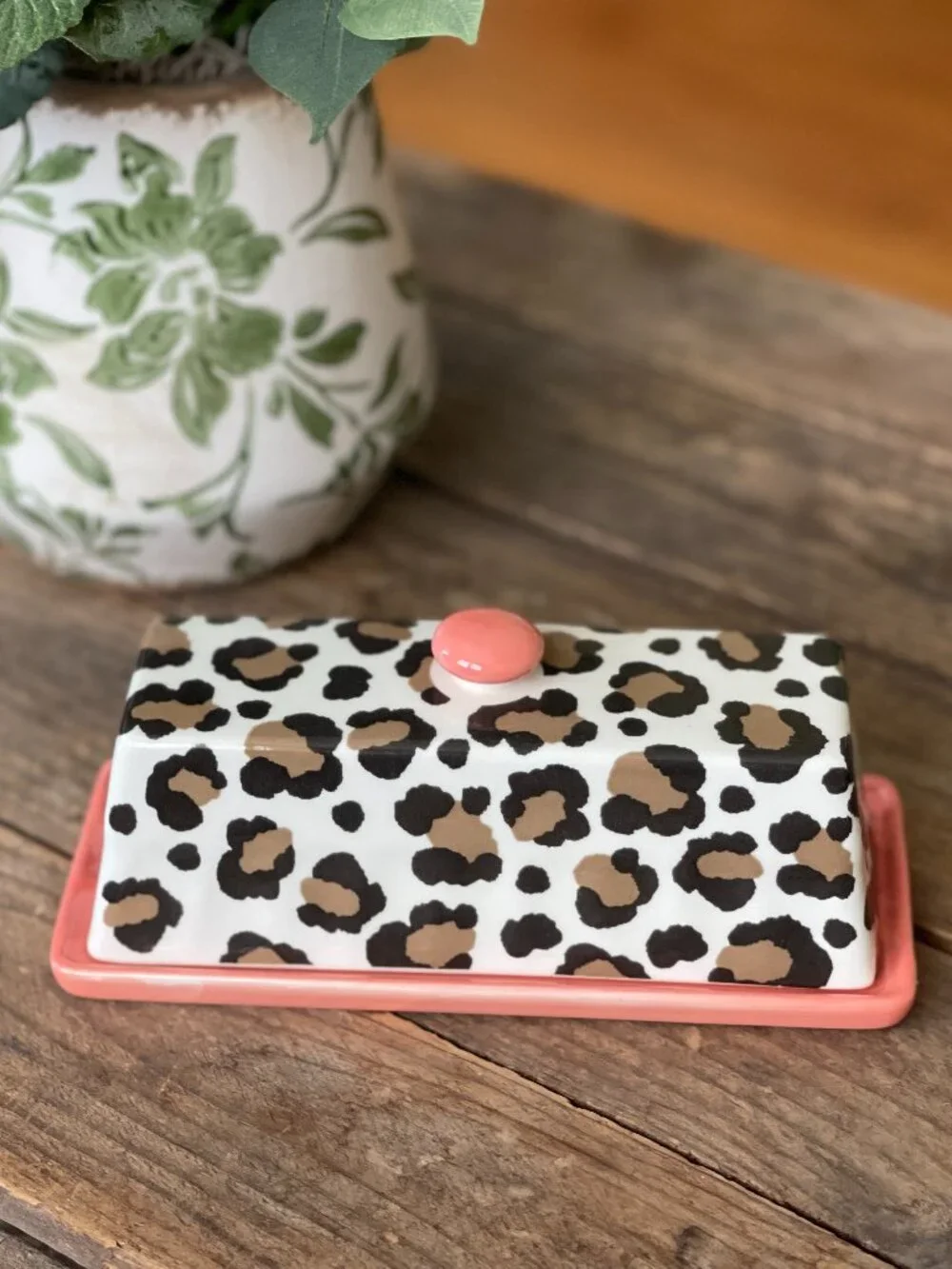 Anthropologie Chintzware Leopard Butter Dish Coral Pink-NEW